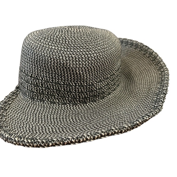 Nine West wide brim straw sun hat in woven black grey and white - Picture 6 of 7